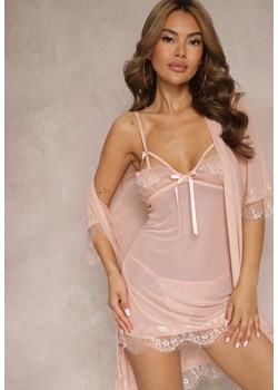 Różowy Komplet Piżamowy z Siateczki Koszula Nocna Szlafrok Stringi Liamara - id: 8827-MIX2K-45-PINK - marki Renee - 179901984 Różowy Komplet Piżamowy z Siateczki Koszula Nocna Szlafrok Stringi Liamara ze sklepu renee.pl w kategorii Koszule nocne - zdjęcie 179901984