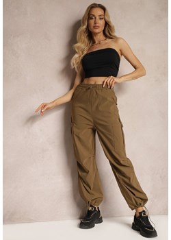 Brązowe Szerokie Spodnie High Waist w Stylu Bojówek Wykończone Gumką w Talii Ellcara ze sklepu renee.pl w kategorii Spodnie damskie - zdjęcie 179902710