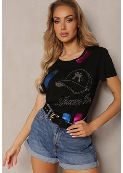 Czarny T-shirt z Bawełny z Krótkim Rękawem i Ozdobnym Nadrukiem z Cyrkoniami Balara ze sklepu renee.pl w kategorii Bluzki damskie - zdjęcie 179903103