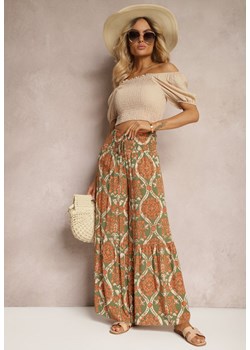 Zielono-Pomarańczowe Spodnie Szerokie z Wiskozy w Ornamentalny Wzór High Waist Cramelia ze sklepu renee.pl w kategorii Spodnie damskie - zdjęcie 179904251