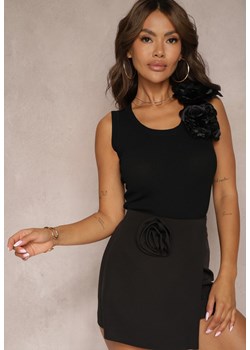 Czarny Top z Kwiecistą Aplikacją przy Dekolcie Ustalia ze sklepu renee.pl w kategorii Bluzki damskie - zdjęcie 179905310