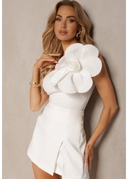 Biała Bawełniana Bluzka z Asymetryczną Górą i Dużą Aplikacją w Kształcie Kwiatka Pereria ze sklepu renee.pl w kategorii Bluzki damskie - zdjęcie 179905330