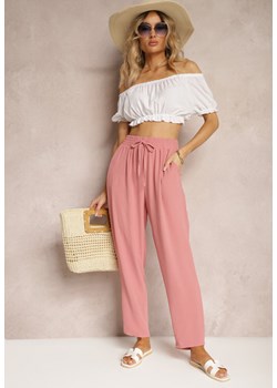 Ciemnoróżowe Spodnie Regular High Waist z Wiązaniem w Pasie Dimeca ze sklepu renee.pl w kategorii Spodnie damskie - zdjęcie 179906772