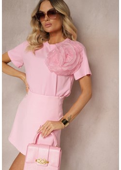 Różowy Bawełniany T-shirt z Krótkim Rękawem i Ozdobnym Kwiatem Krissas ze sklepu renee.pl w kategorii Bluzki damskie - zdjęcie 179909674