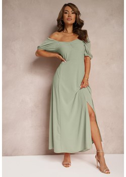 Zielona Sukienka Wieczorowa z Hiszpańskim Dekoltem i Rozcięciem Vikiya ze sklepu renee.pl w kategorii Sukienki - zdjęcie 179910844