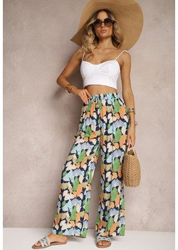 Granatowo-Niebieskie Szerokie Spodnie z Wiskozy High Waist w Kwiaty Wykończone Gumką w Talii Dennea ze sklepu renee.pl w kategorii Spodnie damskie - zdjęcie 179915050