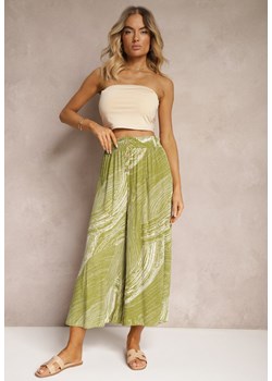 Zielone Szerokie Spodnie 7/8 High Waist z Wiskozy Wykończone Gumką w Pasie Risallni ze sklepu renee.pl w kategorii Spodnie damskie - zdjęcie 179915190