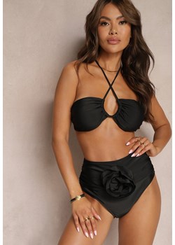 Czarne 2-Częściowe Bikini Stanik Zapinany przy Szyi z Wiązaniem Figi z Wysokim Stanem Nanselian ze sklepu renee.pl w kategorii Stroje kąpielowe - zdjęcie 179918123