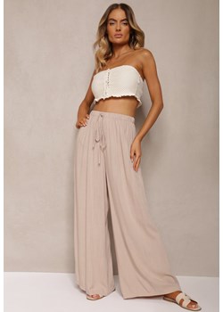 Jasnobeżowe Szerokie Spodnie High Waist z Gumką w Talii Ilnena ze sklepu renee.pl w kategorii Spodnie damskie - zdjęcie 179918362