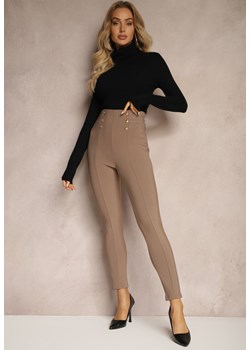 Ciemnobeżowe Legginsy Bawełniane High Waist Ozdobione Guzikami Liorvia ze sklepu renee.pl w kategorii Spodnie damskie - zdjęcie 179928053