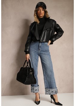 Niebieskie Jeansy High Waist z Szerokimi Nogawkami Ozdobnie Wywiniętymi z Paskiem Loroma ze sklepu renee.pl w kategorii Jeansy damskie - zdjęcie 179928514