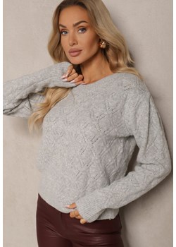 Jasnoszary Sweter w Klasycznym Stylu z Tłoczonym Wzorem Deriel ze sklepu renee.pl w kategorii Swetry damskie - zdjęcie 179930102