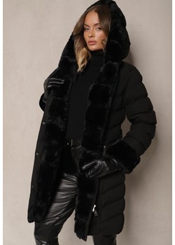 Czarna Kurtka z Pikowanymi Przeszyciami Mocno Ocieplana z Paskiem i Odpinanym Futerkiem Hedista ze sklepu renee.pl w kategorii Kurtki damskie - zdjęcie 179931153