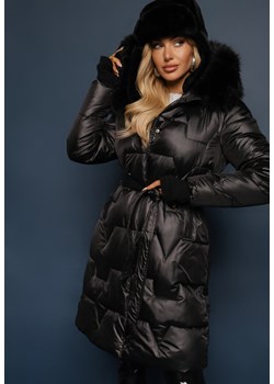 Czarna Długa Kurtka Pikowana z Odpinanym Kołnierzem i Paskiem Rinarella ze sklepu renee.pl w kategorii Kurtki damskie - zdjęcie 179932672