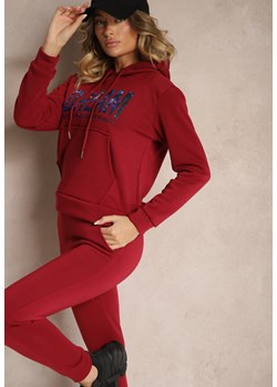 Bordowy Ocieplany Komplet Dresowy Bawełniany Spodnie Joggery i Bluza Zdobiona Nadrukiem Filoira ze sklepu renee.pl w kategorii Dresy damskie - zdjęcie 179937220