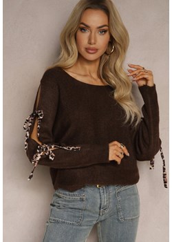 Brązowy Nietoperzowy Sweter z Moherem Ozdobiony Wiązaniami w Panterkowy Print Semitha ze sklepu renee.pl w kategorii Swetry damskie - zdjęcie 179940084