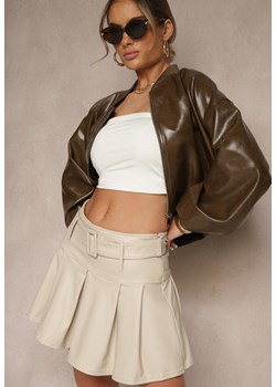 Jasnobeżowa Ocieplana Rozkloszowana Spódnica High Waist o Plisowanym Kroju z Ekoskóry z Paskiem Asitha ze sklepu renee.pl w kategorii Spódnice - zdjęcie 179940983