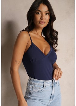 Granatowy Top z Bawełny z Dekoltem w Serek Carinael ze sklepu renee.pl w kategorii Bluzki damskie - zdjęcie 179942354