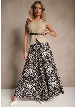 Czarne Szerokie Spodnie z Wiskozy High Waist w Geometryczny Wzór Firdexia ze sklepu renee.pl w kategorii Spodnie damskie - zdjęcie 179946153