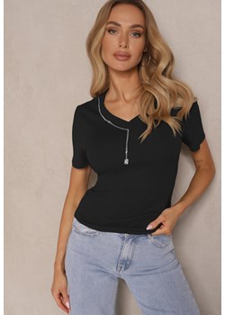 Czarny T-shirt z Bawełny z Łańcuszkiem i Marszczeniem Olisinia ze sklepu renee.pl w kategorii Bluzki damskie - zdjęcie 179947411