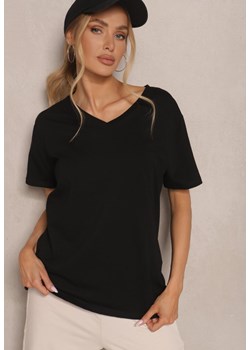Czarny T-shirt z Bawełny z Dekoltem w Serek Tanirea ze sklepu renee.pl w kategorii Bluzki damskie - zdjęcie 179947451