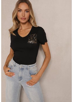 Czarny T-shirt Bawełniany z Nadrukiem i Dekoltem w Serek Elarinia ze sklepu renee.pl w kategorii Bluzki damskie - zdjęcie 179948011
