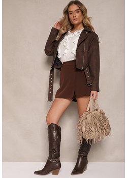 Brązowa Krótka Kurtka w Stylu Ramoneski z Paskiem Sesariella - id: K1110-M-54-BROWN - marki Renee - 179951780 Brązowa Krótka Kurtka w Stylu Ramoneski z Paskiem Sesariella ze sklepu renee.pl w kategorii Kurtki damskie - zdjęcie 179951780