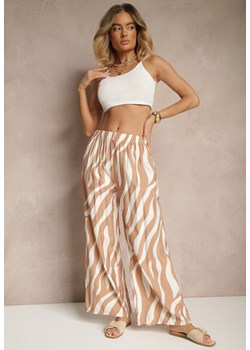 Beżowo-Białe Spodnie o Szerokim Kroju High Waist Ozdobione Paskami Lisamelia ze sklepu renee.pl w kategorii Spodnie damskie - zdjęcie 179953033