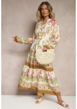 Beżowa Sukienka z Wiskozy Rozkloszowana w Print Boho Aedia ze sklepu renee.pl w kategorii Sukienki - zdjęcie 179955670
