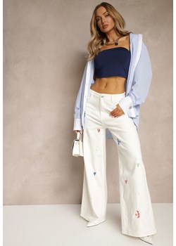 Białe Jeansy z Bawełny o Szerokim Kroju High Waist z Haftami Florsedi ze sklepu renee.pl w kategorii Jeansy damskie - zdjęcie 179960181