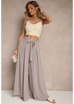 Szare Spodnie z Bawełną o Szerokim Kroju High Waist z Paskiem Iveleldi ze sklepu renee.pl w kategorii Spodnie damskie - zdjęcie 179961911