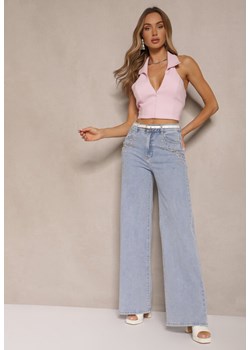 Jasnoniebieskie Jeansy High Waist Wide Leg z Cyrkoniowymi Zdobieniami Palanirela ze sklepu renee.pl w kategorii Jeansy damskie - zdjęcie 179966724