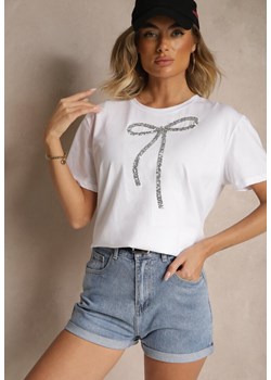 Biały Bawełniany T-shirt z Cekinową Aplikacją w Kształcie Kokardy Tenuria ze sklepu renee.pl w kategorii Bluzki damskie - zdjęcie 179968933