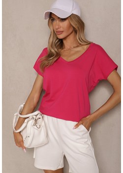 Fuksjowy T-shirt z Bawełny z Dekoltem w Serek Linithiela ze sklepu renee.pl w kategorii Bluzki damskie - zdjęcie 179972694