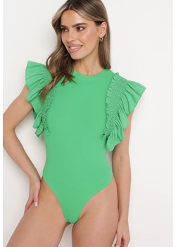 Zielone Bawełniane Body z Rękawami z Falbanek Zapinane na Napy Gilines ze sklepu born2be.pl w kategorii Body damskie - zdjęcie 180052872
