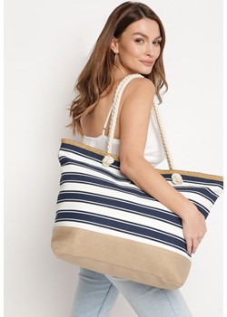 Beżowo-Granatowa Plażowa Torebka Shopper z Rączkami ze Sznurka Wykończona Plecionką Zapinana na Suwak Linneli ze sklepu born2be.pl w kategorii Torby letnie - zdjęcie 180054024