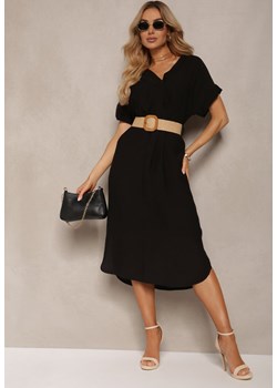 Czarna Sukienka z Wiskozy z Trójkątnym Dekoltem i Paskiem z Plecionki Diremia ze sklepu renee.pl w kategorii Sukienki - zdjęcie 180168284