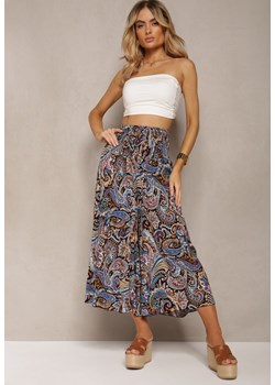 Czarno-Granatowe Spodnie Culottes z Bawełnianej Tkaniny Ozdobione Wzorem Paisley Gwinamas ze sklepu renee.pl w kategorii Spodnie damskie - zdjęcie 180217360