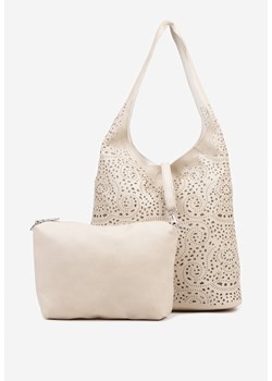 Beżowa Torebka Hobo Zdobiona Ażurowym Wzorem z Dodatkową Saszetką Temienea ze sklepu born2be.pl w kategorii Torby Shopper bag - zdjęcie 180218600