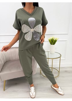 Khaki Komplet z Ozdobną Aplikacją ze sklepu ModnaKiecka.pl w kategorii Komplety i garnitury damskie - zdjęcie 180342500