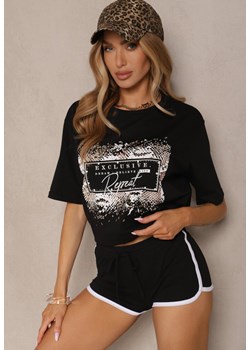 Czarny T-shirt z Bawełny Zdobiony Nadrukiem z Cyrkoniami Idelunea ze sklepu renee.pl w kategorii Bluzki damskie - zdjęcie 180345233