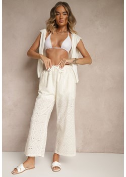 Jasnobeżowe Spodnie High Waist z Bawełnianej Tkaniny Zdobionej Haftem Mevirona ze sklepu renee.pl w kategorii Spodnie damskie - zdjęcie 180368533