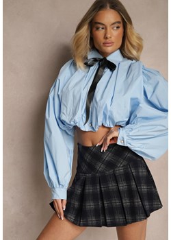 Niebieska Bufiasta Koszula z Bawełny w Stylu Retro z Ozdobną Kokardą Frulla ze sklepu renee.pl w kategorii Koszule damskie - zdjęcie 180388830