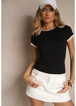 Czarny Dopasowany T-shirt z Domieszką Lnu Sallietia ze sklepu renee.pl w kategorii Bluzki damskie - zdjęcie 180389140