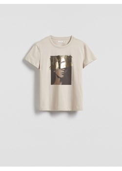Reserved - Bawełniany t-shirt z nadrukiem - beżowy ze sklepu Reserved w kategorii Bluzki damskie - zdjęcie 180405813