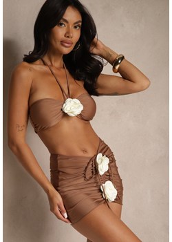 Brązowe Bikini ze Spódniczką Ozdobione Kwiatową Aplikacją 3D Coren ze sklepu renee.pl w kategorii Stroje kąpielowe - zdjęcie 180429404