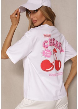 Biały T-shirt z Bawełną Wzorem Wiśni i Cyrkoniami Linavella ze sklepu renee.pl w kategorii Bluzki damskie - zdjęcie 180451392