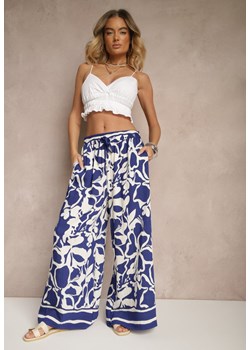 Niebieskie Spodnie o Szerokim Kroju High Waist w Kwiaty Nelrive ze sklepu renee.pl w kategorii Spodnie damskie - zdjęcie 180458201