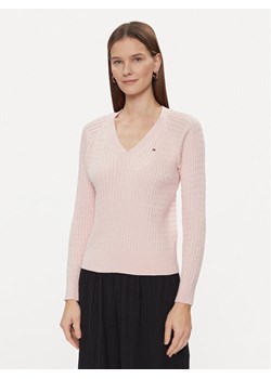 Tommy Hilfiger Sweter Co Cable V-Nk Sweater WW0WW40674 Różowy Regular Fit ze sklepu MODIVO w kategorii Swetry damskie - zdjęcie 181059843