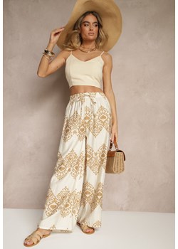 Beżowe Spodnie z Wiskozy o Szerokim Kroju High Waist ze Wzorem Boho Neolissea ze sklepu renee.pl w kategorii Spodnie damskie - zdjęcie 181937420
